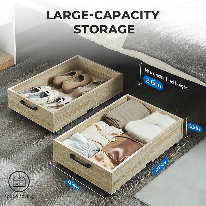 TIOPGHAD Under Bed Storage with Wheels, 2-Pack Under Bed Shoe Storage Organizer Drawer, Composite Wood Organizer for Shoes Clothes Containers in Bedroom for Clothes,Shoes(Oak)