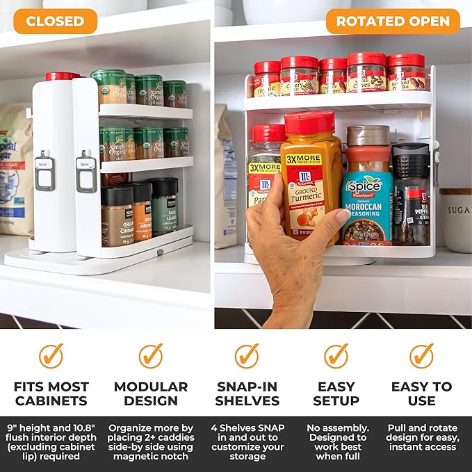 Cabinet Caddy SNAP! Spice Rack Organizer for Cabinet - Slide & Rotate Seasoning Organizer - 4 Snap-In Adjustable Shelves for 5 Tier of Storage - Magnetic Modular Design - 8.9”H x 6.1”W x 10.8”D