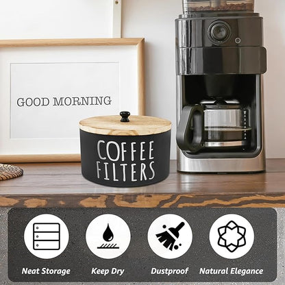 Coffee Filter Holder - Wooden Coffee Storage Container with Lid, Multipurpose Filter Dispenser, Sturdy Coffee Pod Organizer for Bar Counter Decor (Black)