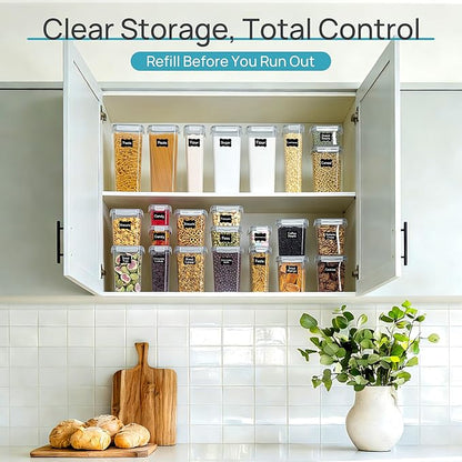 Vtopmart Airtight Food Storage Containers with Lids, 24 pcs Plastic Kitchen and Pantry Organization Canisters for Cereal, Dry Food, Flour and Sugar, BPA Free, Includes 24 Labels，Gray