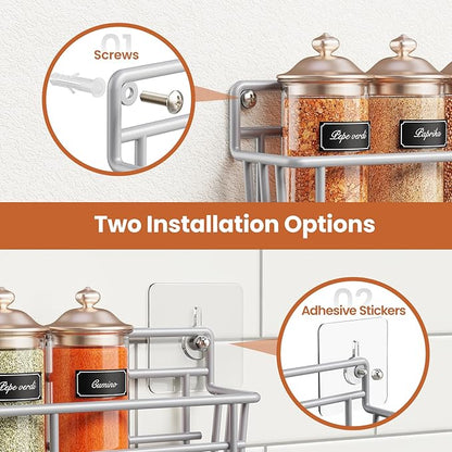 Mystozer 5 Pack Spice Rack Seasoning Organizer Wall Mount, Screw or Adhesive Hanging Shelf Basket Spice Organizer Pantry Organizers Shelf for Kitchen Spice Organization for Cabinet (Silver)
