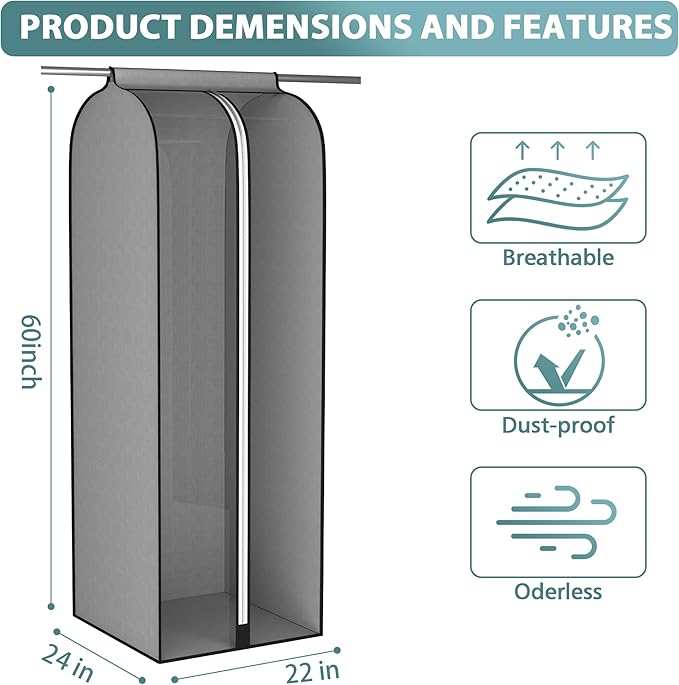 Liuoud 22” Gusseted Garment Bags for Hanging Clothes, Large Clear Window Clothes Cover for Closet Storage, Wardrobe Coat Protector for Suit, Shirt Long Dress, Bottom Enclosed, 2 Pack, 60” Long