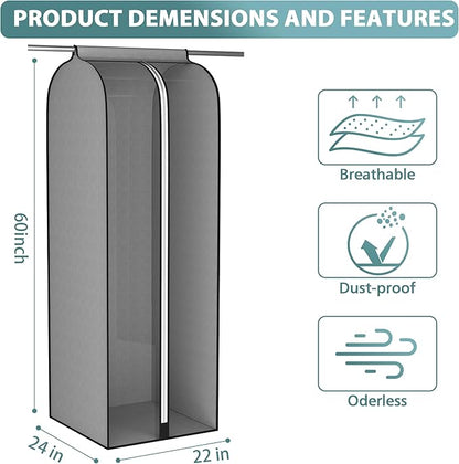 Liuoud 22” Gusseted Garment Bags for Hanging Clothes, Large Clear Window Clothes Cover for Closet Storage, Wardrobe Coat Protector for Suit, Shirt Long Dress, Bottom Enclosed, 2 Pack, 60” Long