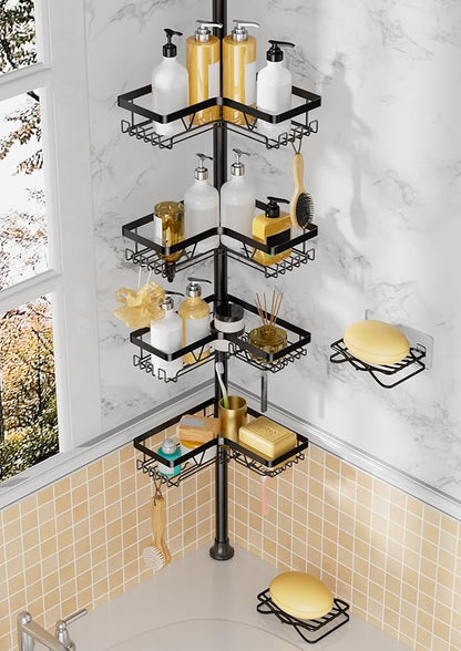 DAOYA Corner Shower Caddy + 2 Soap Holders, 4 Tier Shower Caddy Tension Pole Stainless Steel Black, Extends 25-114.2 Inches, for Bathroom Organizers and Storage, Renter-Friendly and Gift Idea