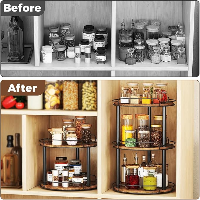 LAMU 12'' Wood Lazy Susan Turntable Organizer for Cabinet, 3 Tier Lazy Susan Spice Rack Organizer for Kitchen, Wood Cake Turntable for Cupcake Stand, Table Top, Countertop, Pantry, Bathroom