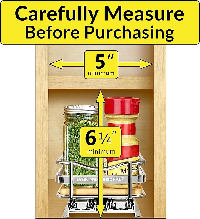 LYNK PROFESSIONAL® Élite™ Pull Out Spice Organization for Cabinets - 4-3/8 inch Wide – Spice Rack for Inside Cabinets – Wood/Chrome - Sliding Spice Rack Organizer for cabinet – Spice Rack - 1 Tier