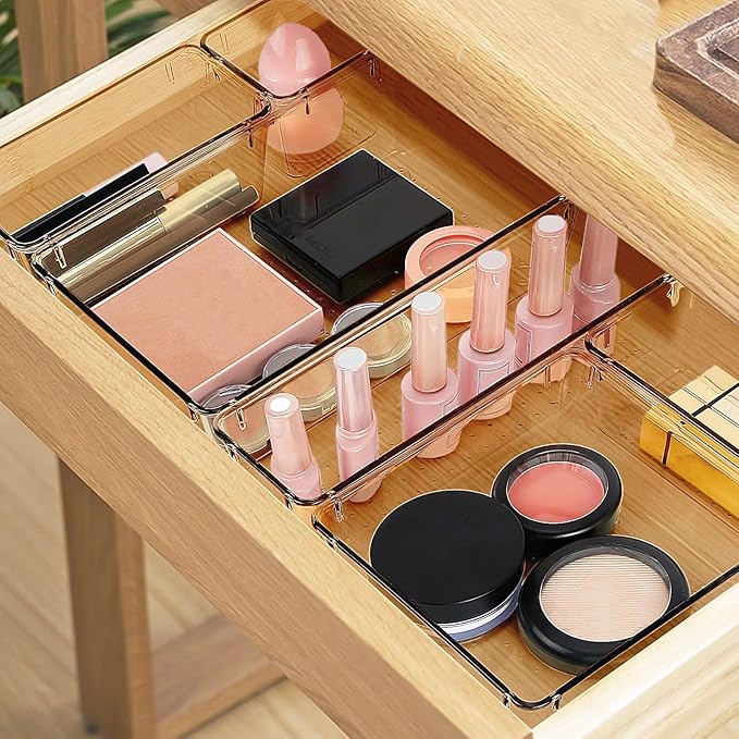 StorMiracle 13 PCS Drawer Organizer Set, 5 Varied Size Bathroom and kitchen Drawer cabinet organizer Trays, Clear Storage Bins for Makeup, Jewelry, Utensils and Gadgets, Champagne