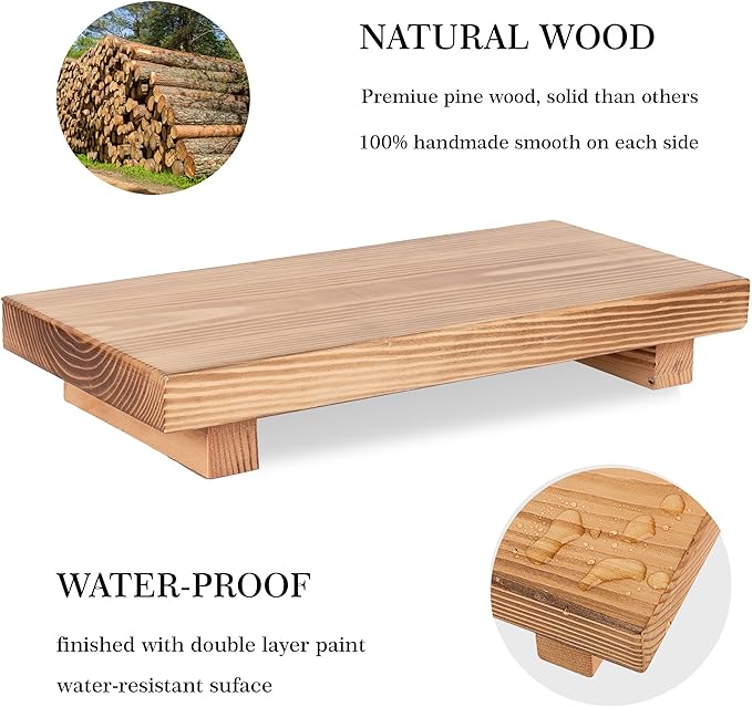 Bathroom Counter Organizer Wood Pedestal Stand Farmhouse Decorative Tray Soap Holder for Kitchen Decor, Large 10" x 4.5" - Brown