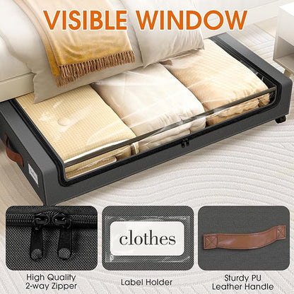 SpaceHacks Under Bed Storage with Wheels 1Pack Storage Containers with Clear Window&Label Under Bed Drawers Rolling Under Bed Storage for Clothes,Shoes, Blankets (30.71 x 16.93 x 6.69 in, Dark Grey)