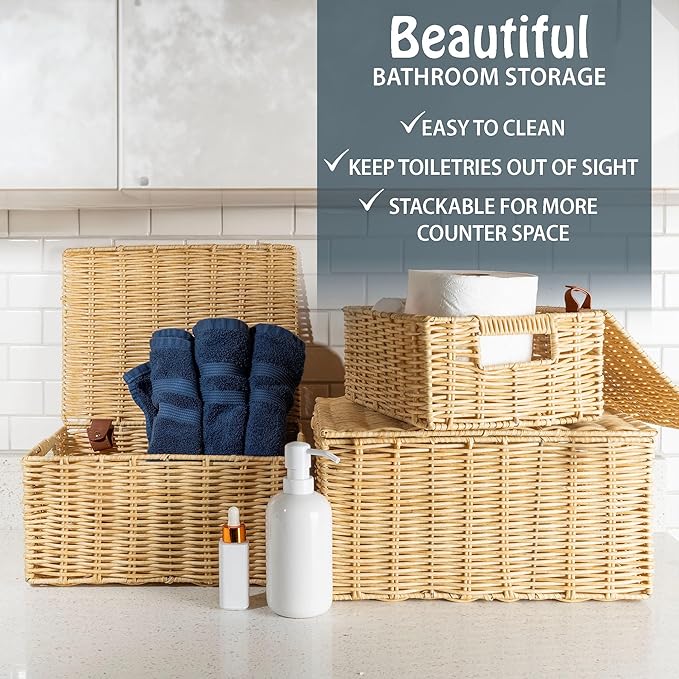 Wicker Storage Baskets Hand Woven with Lids – Set of 3 (Large, Medium, Small) for Organizing Clothes, Toys, Books – Cute Organizer Stackable Basket with Lid for Bedroom, Nursery, and Home Decor