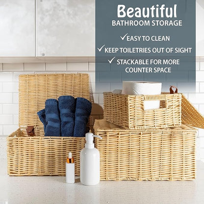 Wicker Storage Baskets Hand Woven with Lids – Set of 3 (Large, Medium, Small) for Organizing Clothes, Toys, Books – Cute Organizer Stackable Basket with Lid for Bedroom, Nursery, and Home Decor