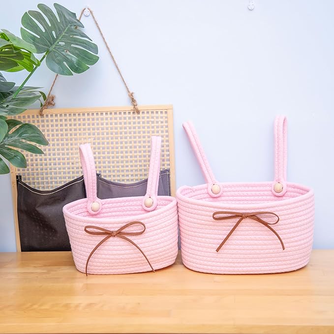 Cotton Rope Hanging Storage Baskets,Wall Basket with Handle, Shelf Organizer Bin for Closet, Functional Storage for Keys,Toys,and Small Items,Pink,Set of 2