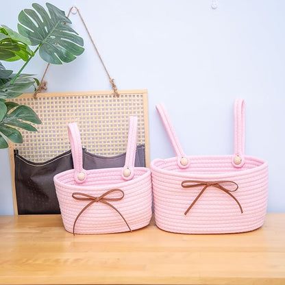 Cotton Rope Hanging Storage Baskets,Wall Basket with Handle, Shelf Organizer Bin for Closet, Functional Storage for Keys,Toys,and Small Items,Pink,Set of 2