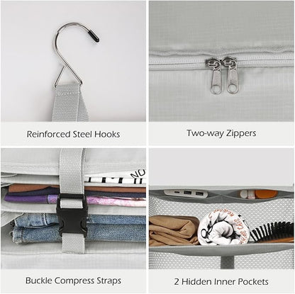 Surblue Hanging Closet Storage Bag Collapsible 3-Shelf Washable Oxford Fabric with 2 Hooks (XL 17.71 * 11.81 * 20in, Light Gray)