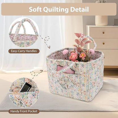 Storage Basket Boho Fabric Large Collapsible Floral Laundry Nursery Hamper Portable Folding Storage for Clothes Toys (Blue Floral)