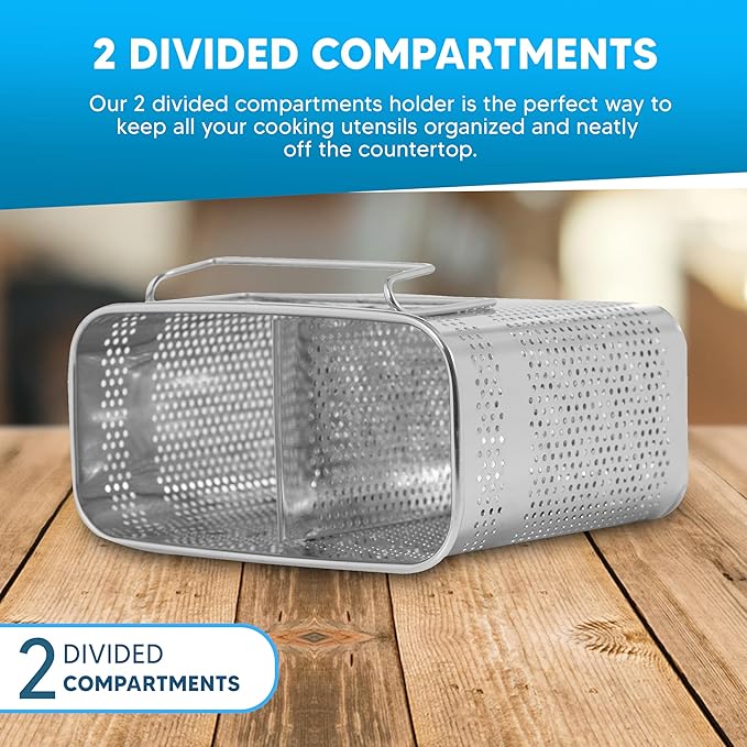 HOME&I Silverware Drying Basket for Dish Rack, SUS 304 Stainless Steel Hanging Utensil Holder with Wide Stable Hooks, 2-Compartment Cutlery Caddy for Kitchen Sink & Counterto