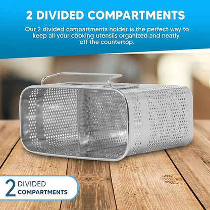 HOME&I Silverware Drying Basket for Dish Rack, SUS 304 Stainless Steel Hanging Utensil Holder with Wide Stable Hooks, 2-Compartment Cutlery Caddy for Kitchen Sink & Counterto