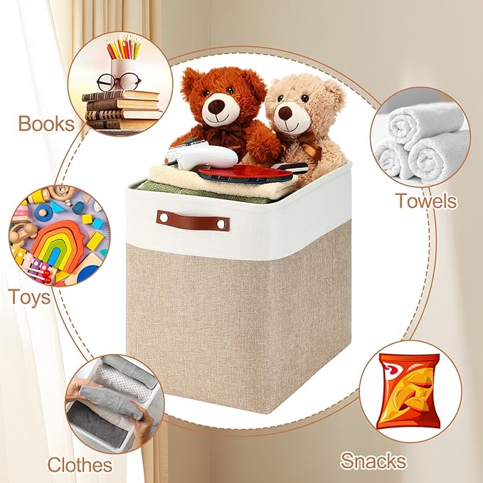 Uiifan 10 Pcs Collapsible Storage Bins Fabric Foldable Storage Basket with Handles Cloth Organizer Linen Shelf Baskets for Shelves Home Closet Nursery Toys(17 x 15 x 12 Inch,Beige and White)