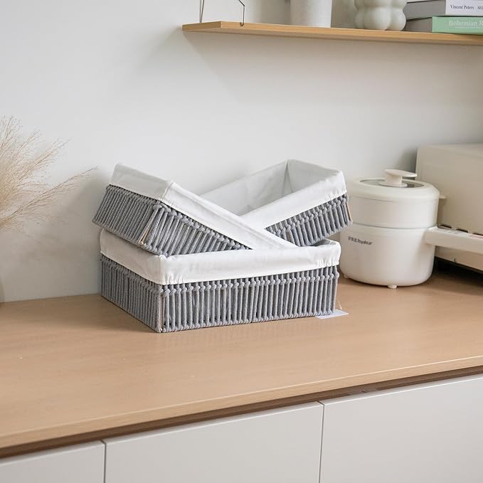 Cotton Rope Storage Baskets (Set of 3) - Hand Woven Organizing Basket with Removable Liner & Iron Frame, Decorative Shelf Storage for Closet & Bedroom (Gray)