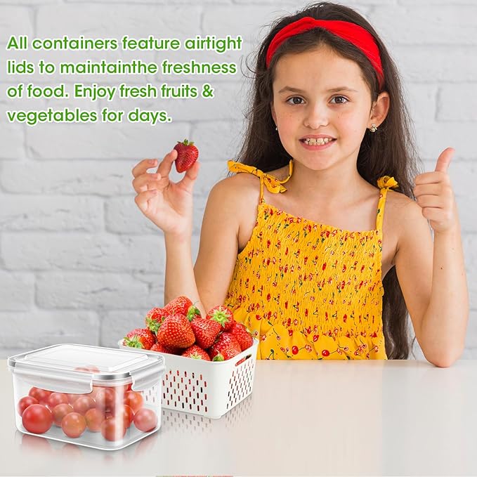 TBMAXS Fruit Storage Containers for Fridge, 4 Pack Produce Saver Vegetable Container with Drain Colanders - Refrigerator Organizer for Lettuce Keepers Berry Container