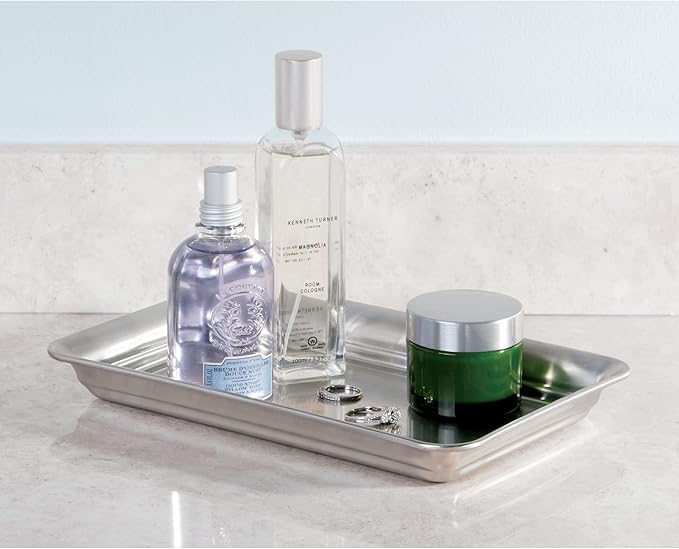 iDesign Metal Vanity Tray, Non-Slip Guest Towel Board for Bathroom, Kitchen, Office, Craft Room, Countertops, Closets, 6.5" x 10" x 1", Brushed Stainless Steel