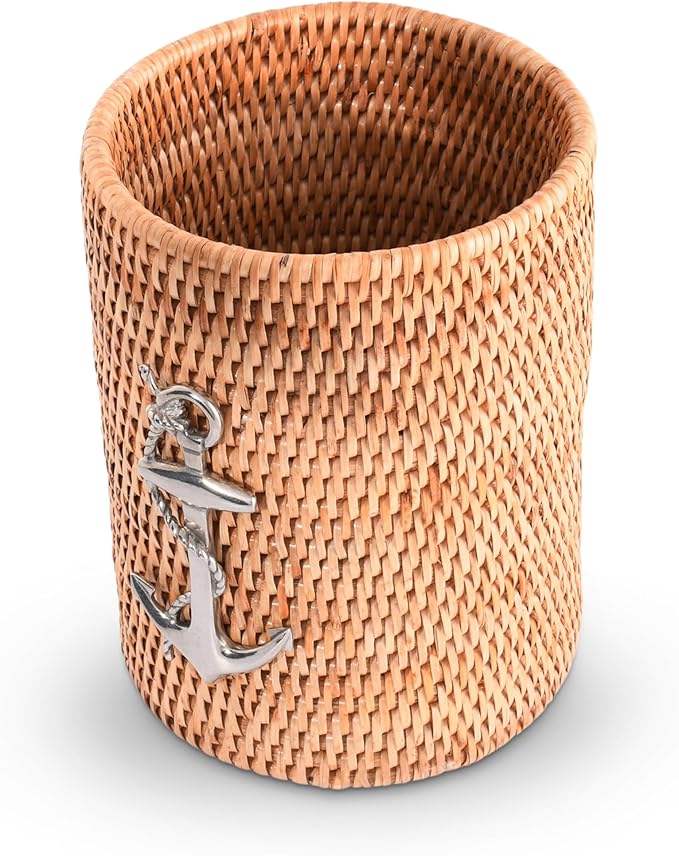 Vagabond House Utensil Holder - Large, Durable, Eco-Friendly Wicker Rattan Crock with Pewter Anchor - Versatile Kitchen Organizer, Perfect for Coastal Kitchen, Beach Themed Office - Boho Decor 8 Inch