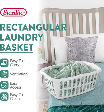 Sterilite 12-Pack Rectangular Laundry Basket, Plastic Clothes Hamper, 1.5 Bushel, White - Dirty Clothing Storage Organizer with Handles for Bedroom, Bathroom, and Closet