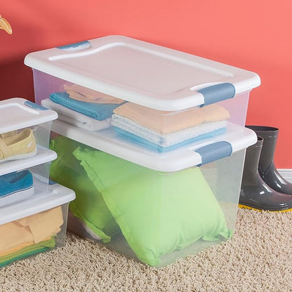 Sterilite 18-Pack Latching Box, Clear Plastic Under Bed Storage Bins with Lids, 32 Quart - Large Stackable Tote Organizer Containers for Closet, Bedroom, Bathroom, and Office Organization