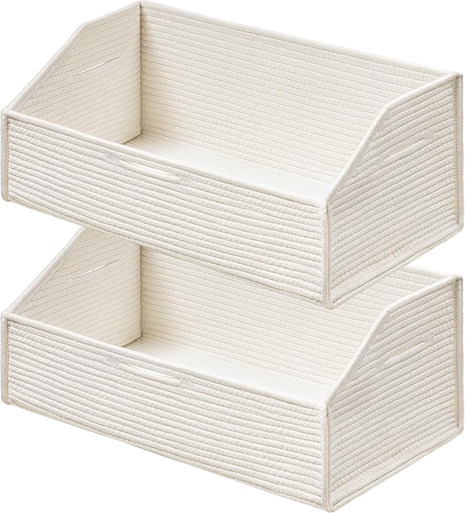 UBBCARE Closet Storage Bins 2 Pack, Cotton Rope Clothes Storage Bins & Sturdy Dog Toy Basket, 19" X 11" X 7" Shelf Baskets for Organizing, White