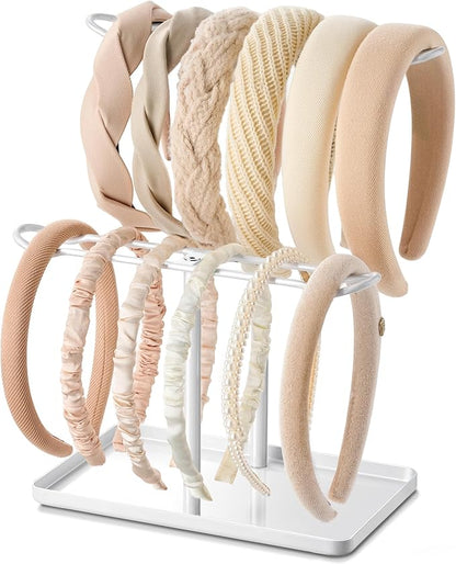 Headband Holder Organizer, 2-Tier T-bar Storage Stand with Tray for Hair Accessories Hairband Hair Clip, for Girls Women, White