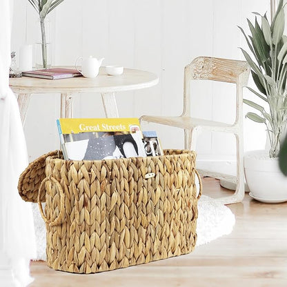 Toilet Paper Storage Basket with Lid, Water Hyacinth Slim Toilet Paper Holder - Holds Up to 6 Mega Rolls, Wicker Basket for Bathroom Accessories Decor Organizer