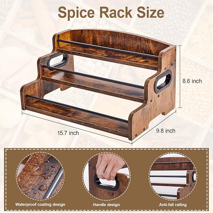 Aminigram Wood Spice Rack Organizer for Cabinet, 3 Tier Spice Shelf Storage, Kitchen Seasoning Organizer for Spice Bottles, Jars, Seasonings, Baking Supplies