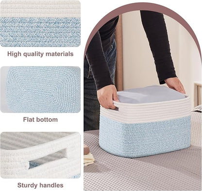 OIAHOMY 4 Pack Storage Baskets for Organizing, Basket for Shelves with Handle, Woven Baskets for Storage Toys, Towels, Books, Cotton Rope Basket 13" L x 9 " W x 7.8 " H, Light Blue & White
