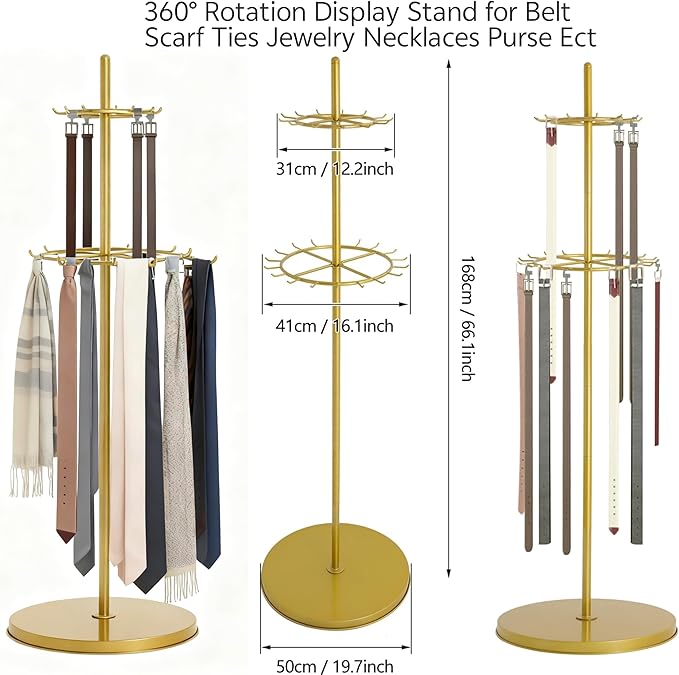 Gold Belt Display Scarf &Ties Rack Stand, 360° Rotation Floor Mounted Belt Hanger, Metal Men Closet Belt Organizer Holder Jewelry Necklaces Purse Hanger Shelf for Clothing Store Retail & Home