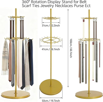 Gold Belt Display Scarf &Ties Rack Stand, 360° Rotation Floor Mounted Belt Hanger, Metal Men Closet Belt Organizer Holder Jewelry Necklaces Purse Hanger Shelf for Clothing Store Retail & Home