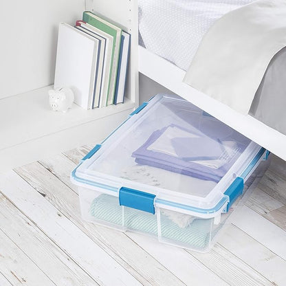 Sterilite 37 Qt Gasket Box, Stackable Storage Bin with Latching Lid and Tight Seal, Plastic Container to Organize Underbed, Clear Base and Lid, 4-Pack