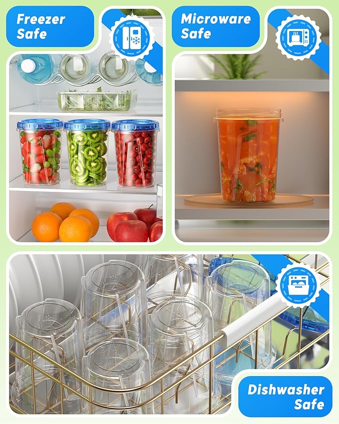BiuLeon 12 Pack-34oz Freezer Storage Containers, Plastic Food Storage Containers with Twist Top Lids, BPA Free and Reusable Soup Containers with Lid, Microwave and Dishwasher Safe