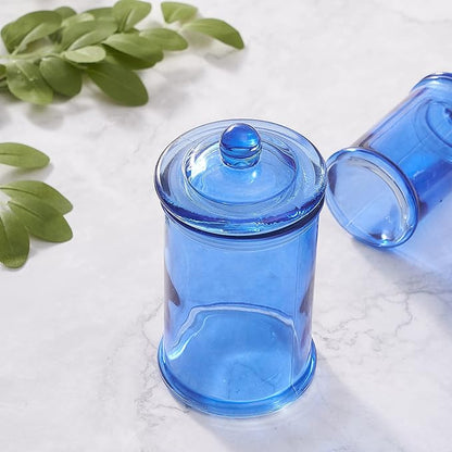 KMwares 3PCs Set Small Glass Premium Quality Apothecary Jars with lids Bathroom Accessories Set for Laundry Room Storage Kitchen/Vanity Organizer Canisters for Cotton Balls, Sponges,Q-Tips(Blue jar)