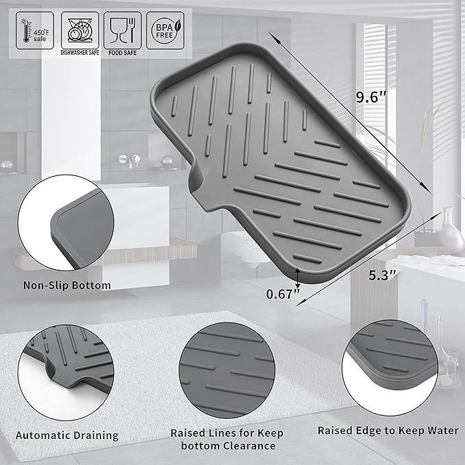 MicoYang Silicone Bathroom Soap Dishes with Drain Spout-Bathroom and Kitchen Sink Organizer,Sponge Holder,Dish Soap Tray,Perfect for Dispenser,Scrubber,Bottle,Cup on Sink or Counter-Grey 9.6"×5.3"