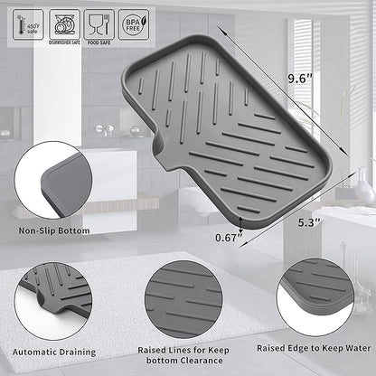 MicoYang Silicone Bathroom Soap Dishes with Drain Spout-Bathroom and Kitchen Sink Organizer,Sponge Holder,Dish Soap Tray,Perfect for Dispenser,Scrubber,Bottle,Cup on Sink or Counter-Grey 9.6"×5.3"