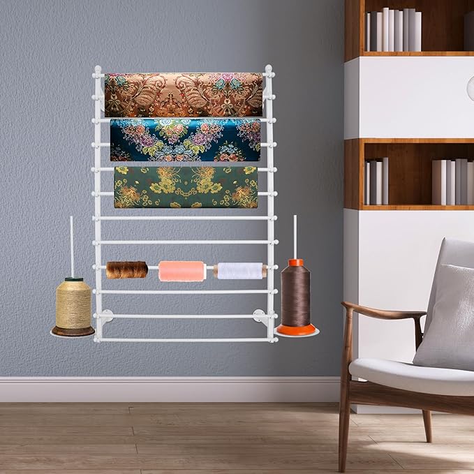 DYRABREST Wall Mounted Ribbon Organizer Rack, Metal Wrapping Paper Organizer Storage, Removable 12-Tier Hijab Organizer, 50lbs Load Capacity for Home, Craft Room, Flower Shop (White, 31.5 x 47.2 in)