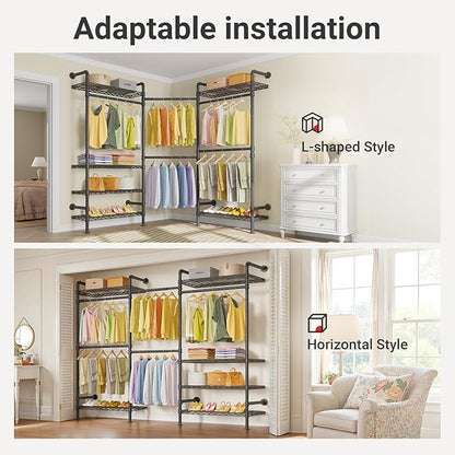 Timate L3 L Shape Garment Rack Heavy Duty Clothes Rack for Hanging Clothes, Expandable Industrial Pipe Wall Mounted Clothing Rack, Adjustable Corner Closet Wardrobe Closet Kit Closet Systems, Black