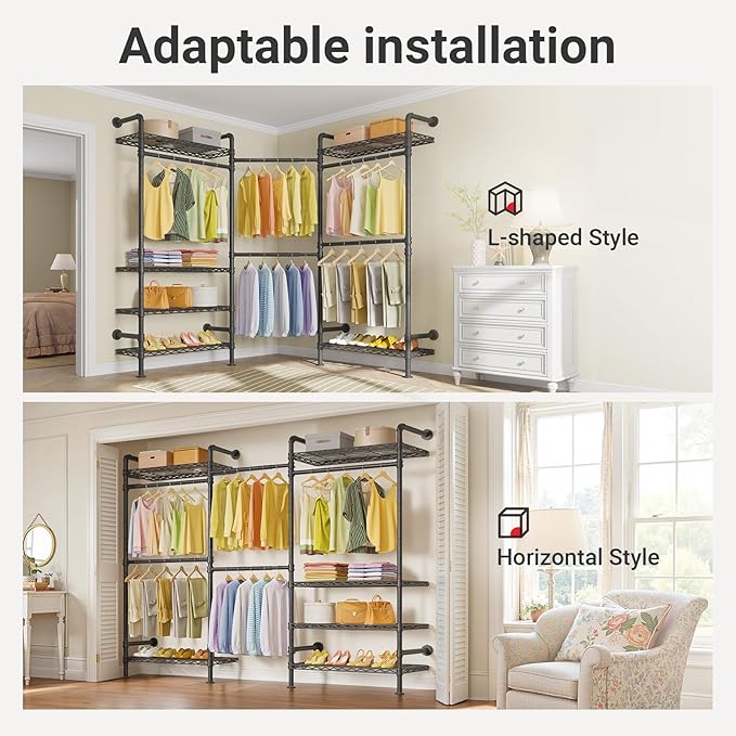Timate F3 Garment Rack Heavy Duty Clothes Rack for Hanging Clothes, Expandable Industrial Pipe Wall Mounted Clothing Racks, Adjustable Storage Wardrobe Closet Kit Walk in Closet Systems, Black