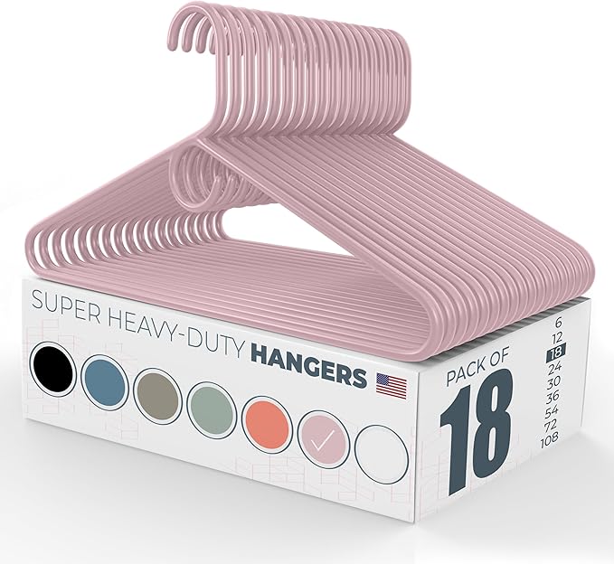 Super Heavy Duty Clothes Hangers 18 Pack – Made in the USA - 10lb Capacity, Thick Plastic Hangers for Pants, Coats, Jackets, Jeans and Adult Clothing – Pink