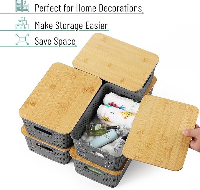 BAMBOO LAND- Plastic Storage Baskets with Bamboo Lid, 6 pcs, Grey Pantry Storage Baskets with Lids