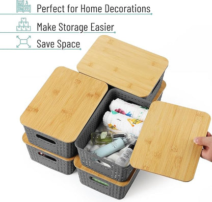 BAMBOO LAND- Plastic Storage Baskets with Bamboo Lid, 6 pcs, Grey Pantry Storage Baskets with Lids