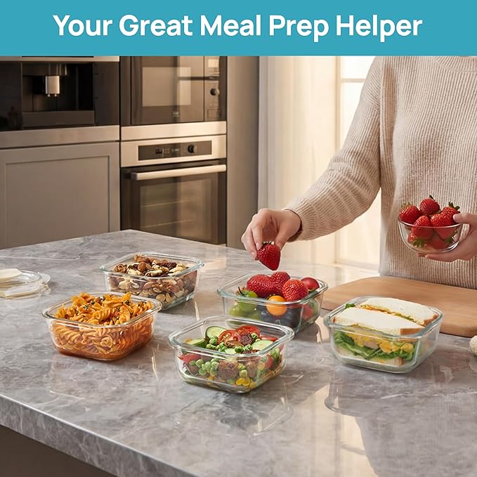 Vtopmart 5Pack 17.5oz Glass Storage Containers with Lids, Glass Meal Prep Food Container Sets with Snap Airtight Lids for Microwave, Oven, Freezer and Dishwasher, Green