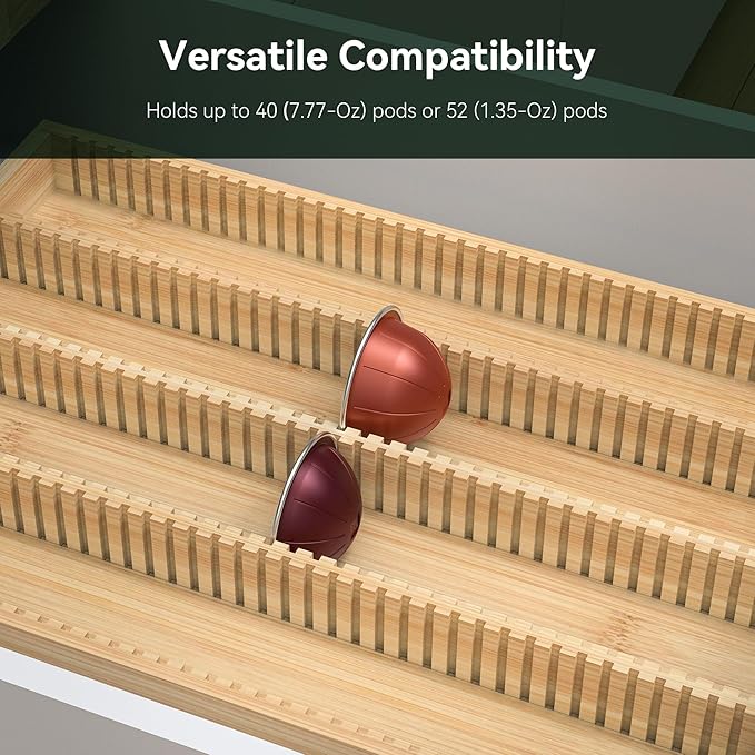 for Nespresso Vertuo Capsules - Premium Bamboo Coffee Pod Drawer Insert Organizer for Counter 15"Dx10"Wx1.5"H (40 Big or 52 Small pods)