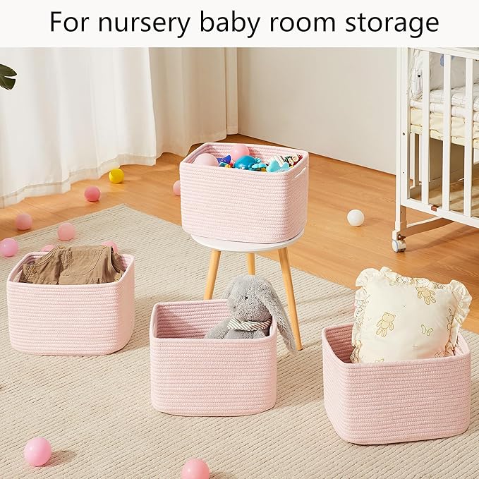 Pink Storage Bins 4 Pack Rectangular Rope Basket for Shelves for Baby Nursery Organization 12.7"Lx9"Wx7.9"H