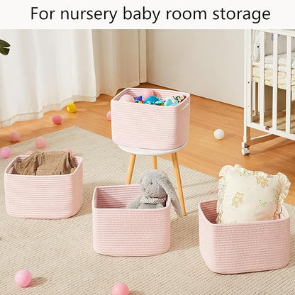 Pink Storage Bins 4 Pack Rectangular Rope Basket for Shelves for Baby Nursery Organization 12.7"Lx9"Wx7.9"H
